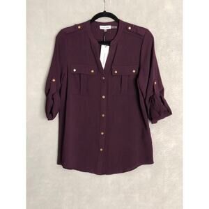 Calvin Klein Button Front Top Roll Tab Purple Women's Size Small NEW